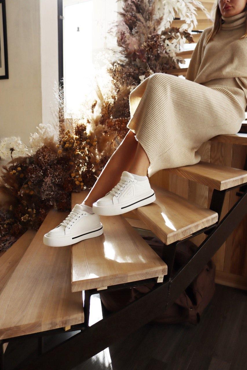 Prada Macro Re-Nylon Brushed Leather Sneakers White