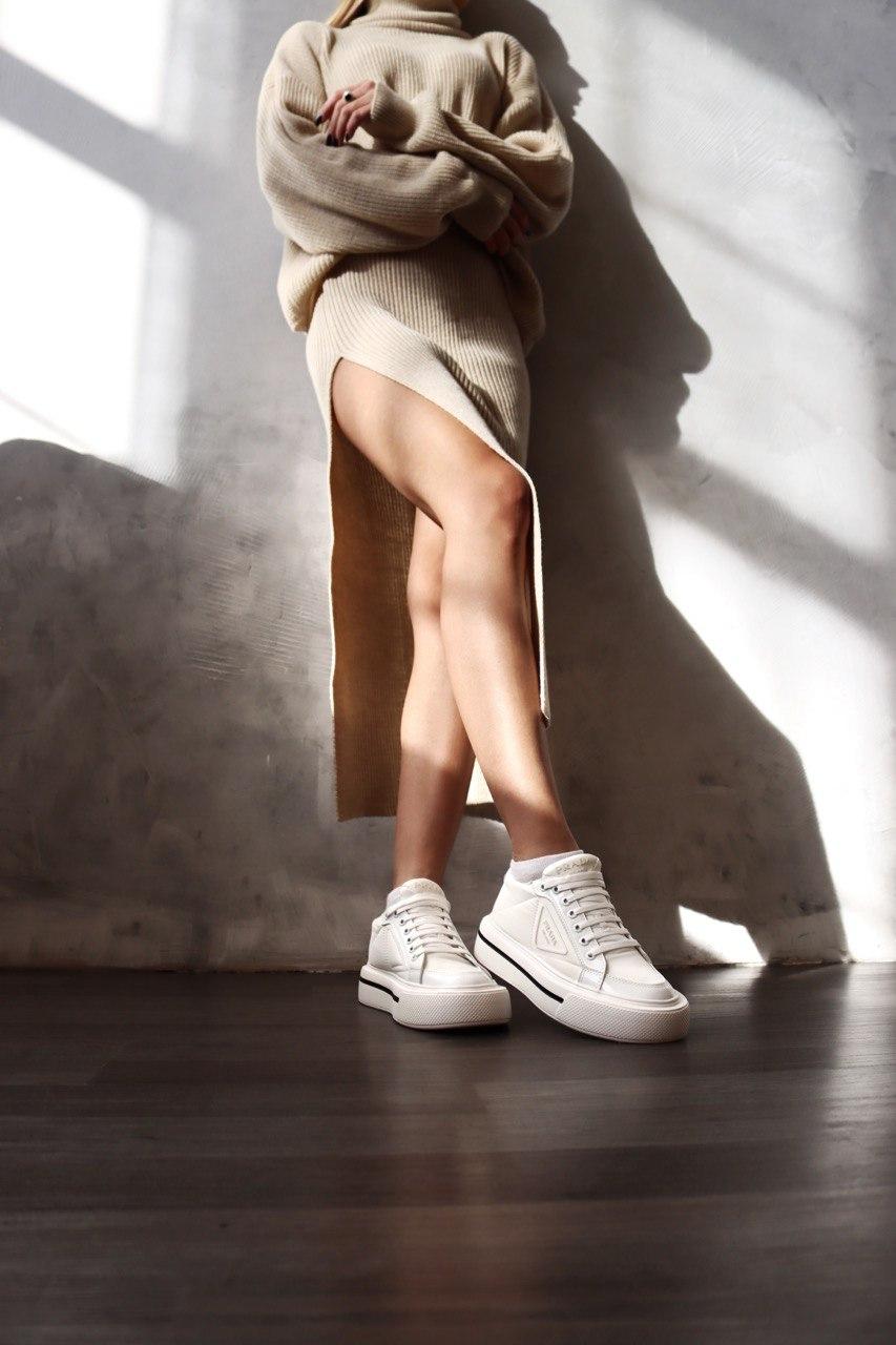 Prada Macro Re-Nylon Brushed Leather Sneakers White