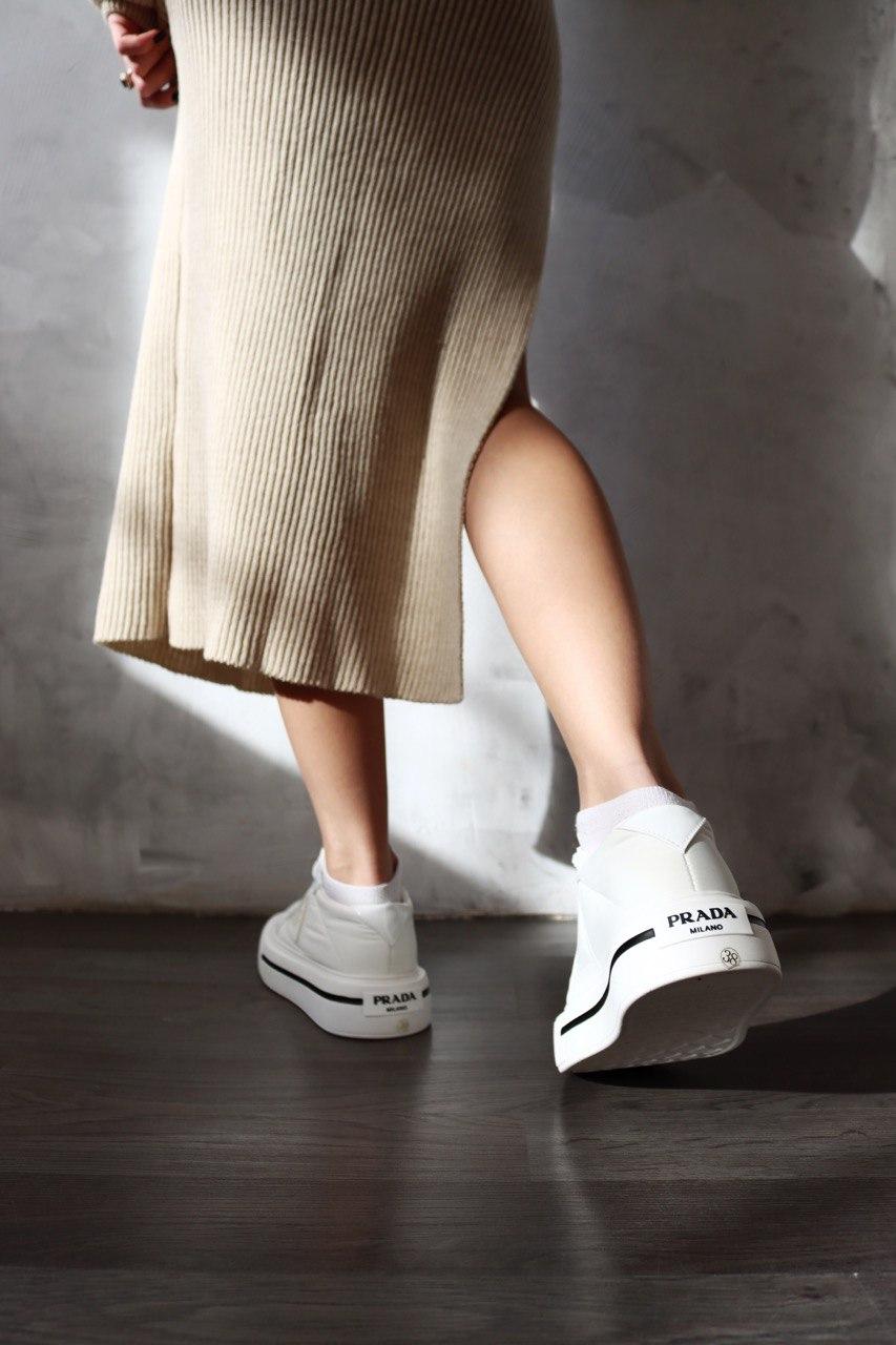 Prada Macro Re-Nylon Brushed Leather Sneakers White
