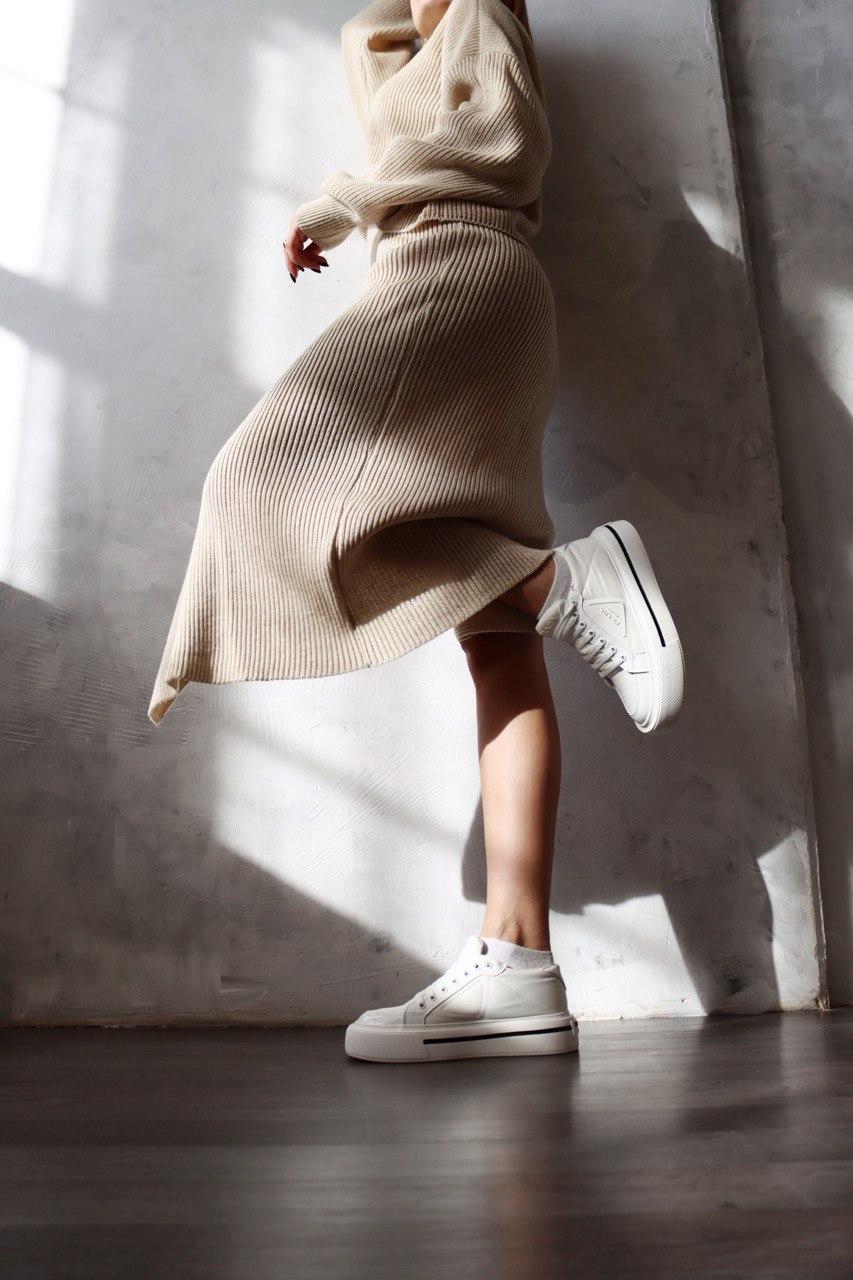 Prada Macro Re-Nylon Brushed Leather Sneakers White