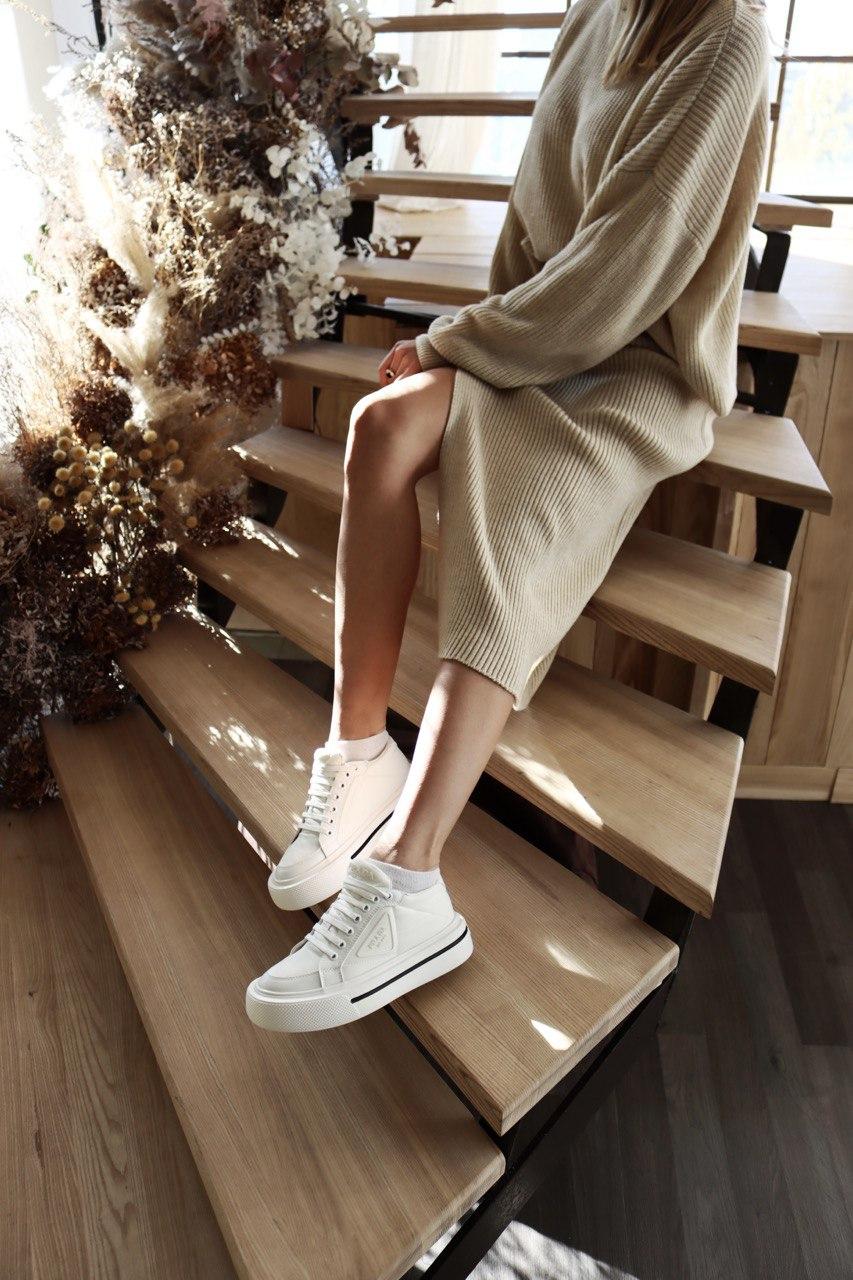 Prada Macro Re-Nylon Brushed Leather Sneakers White